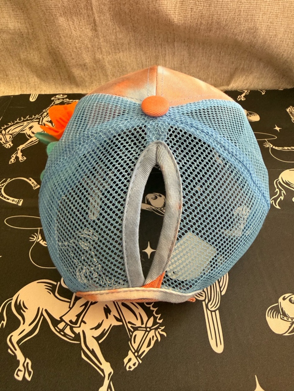 Tie-Dye Orange & Blue poppy Flower Trucker Hat - Picture 7 of 8